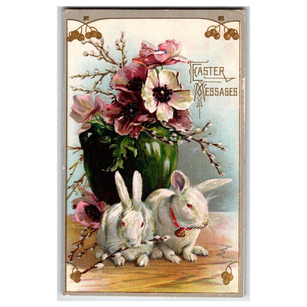 Vintage Easter Rabbits Postcard Embossed Willow Flowers 1911 Sioux City IA